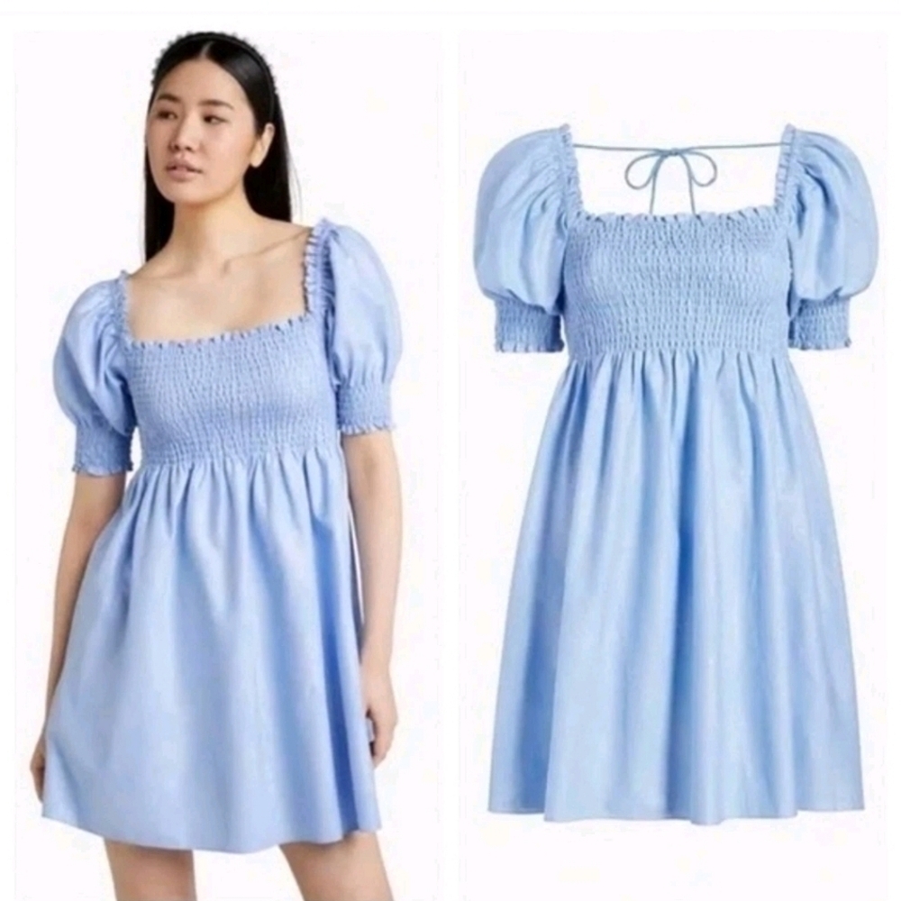 Hill House Athena Nap Dress Light Blue Glitter Check Smocked Size X- Small NWOT
